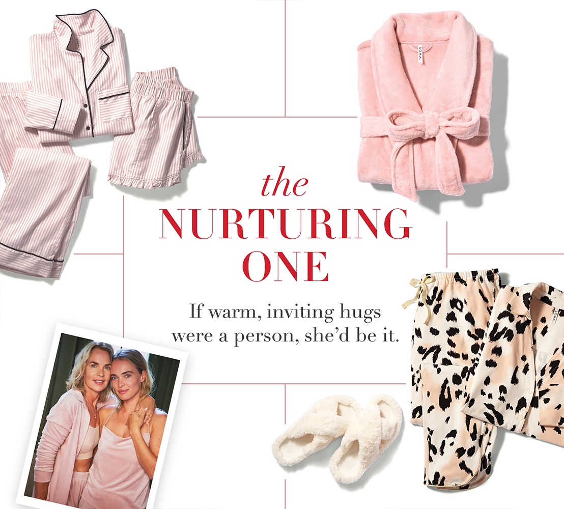 Gift guide collage featuring pink pajamas, robe, white slippers, animal print pajamas, and two models wearing pink velvety pajamas