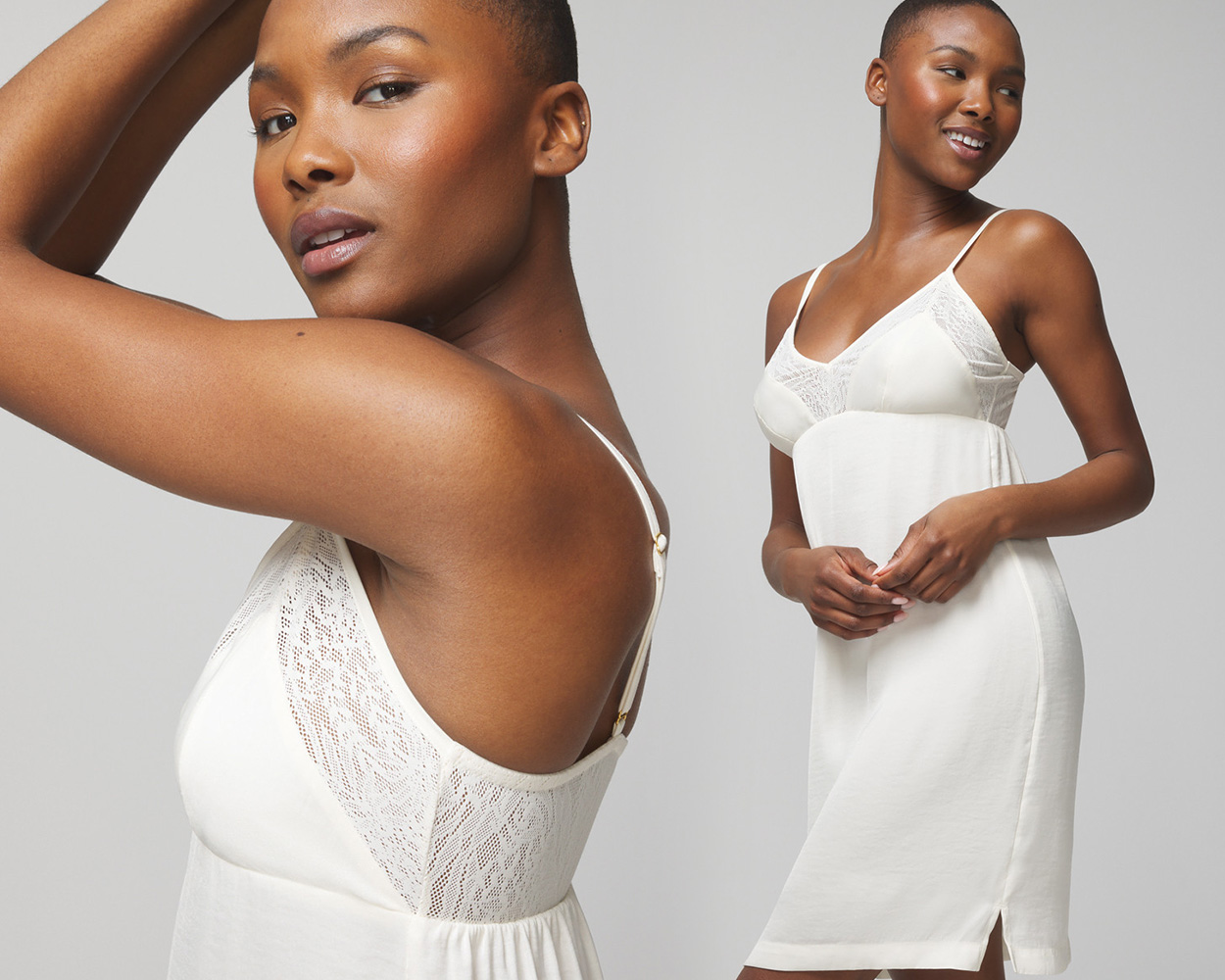 Soma<sup class=st-superscript>®</sup> model wearing an ivory lace-trim satin chemise.