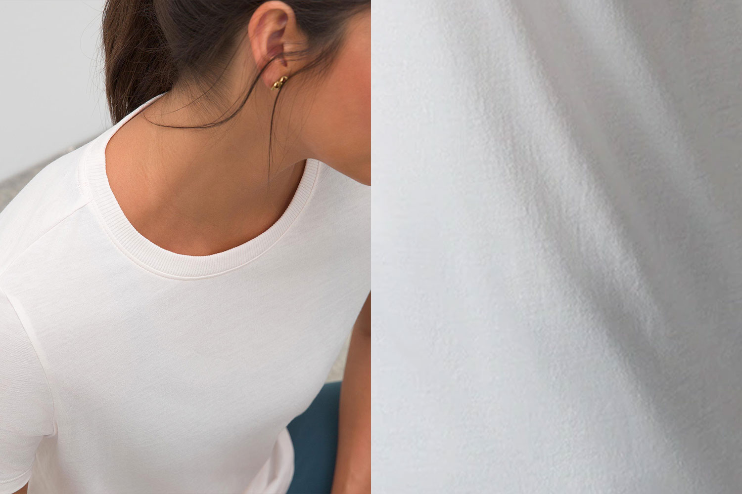 Soma women's model wearing a white pima cotton fabric T-shirt next to a close-up of the clothing fabric type.
