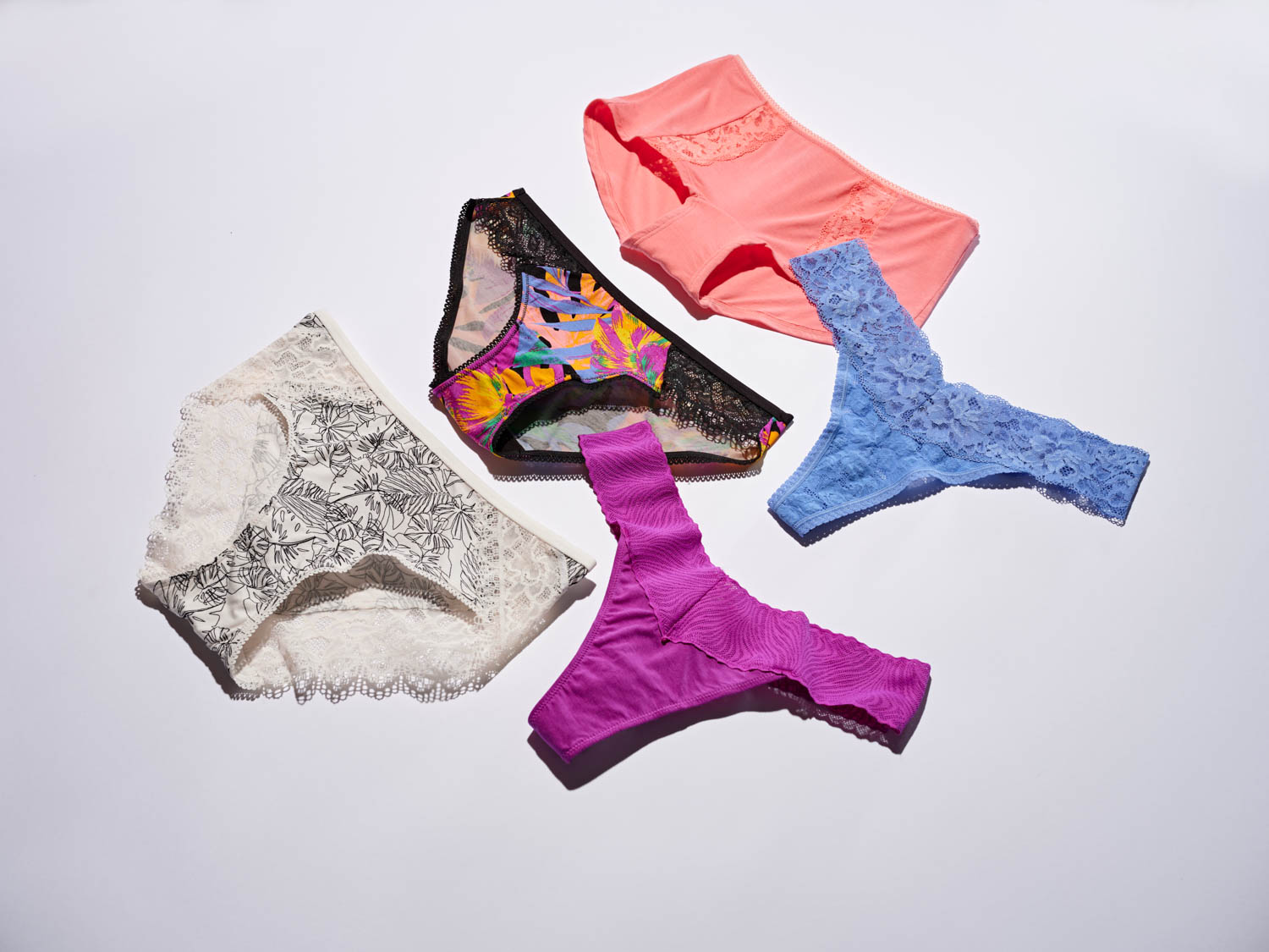 Soma<sup class=st-superscript>®</sup> laydown of women’s panty styles including brief, bikini, high-leg, and thong in various colors and prints.