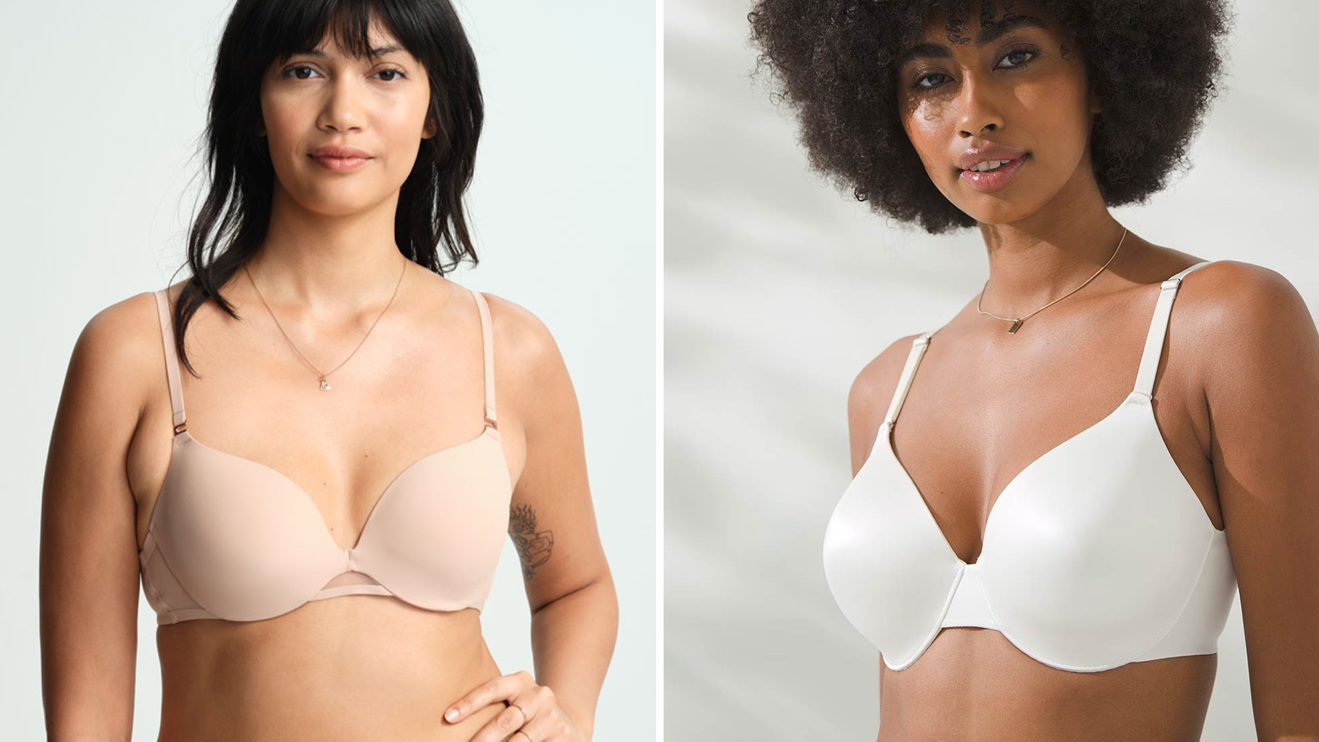 Soma<sup class=st-superscript>®</sup> model wearing a nude demi bra and a Soma<sup class=st-superscript>®</sup> model wearing a white full coverage bra.