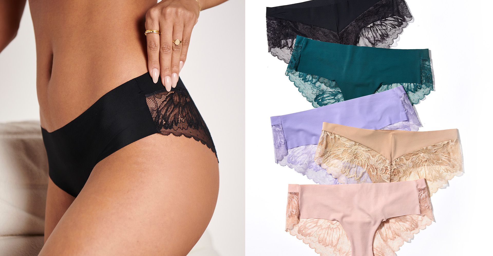 Soma<sup class=st-superscript>®</sup> model wearing black lace-back panties. Laydown of lace-back panties in nude, beige, purple, teal, and black.