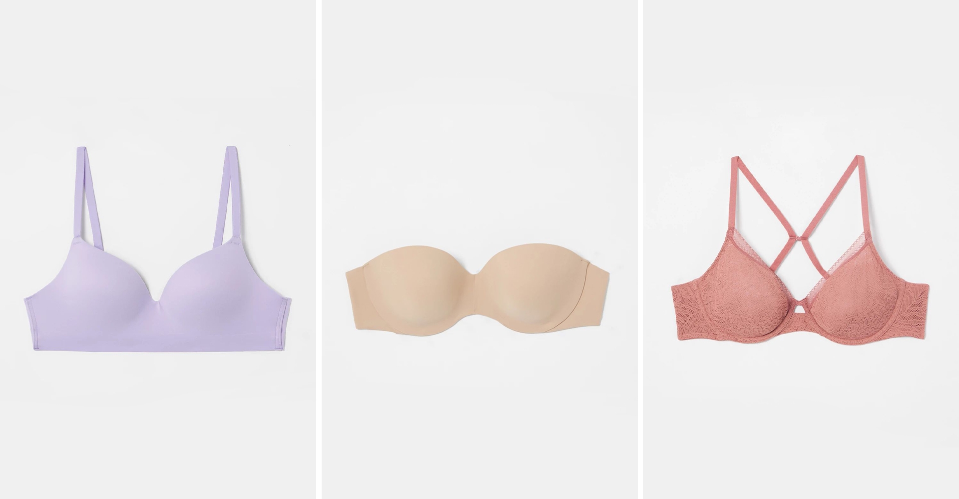 Soma<sup class=st-superscript>®</sup> light purple wireless bra, nude strapless bra, and light pink racerback bra.