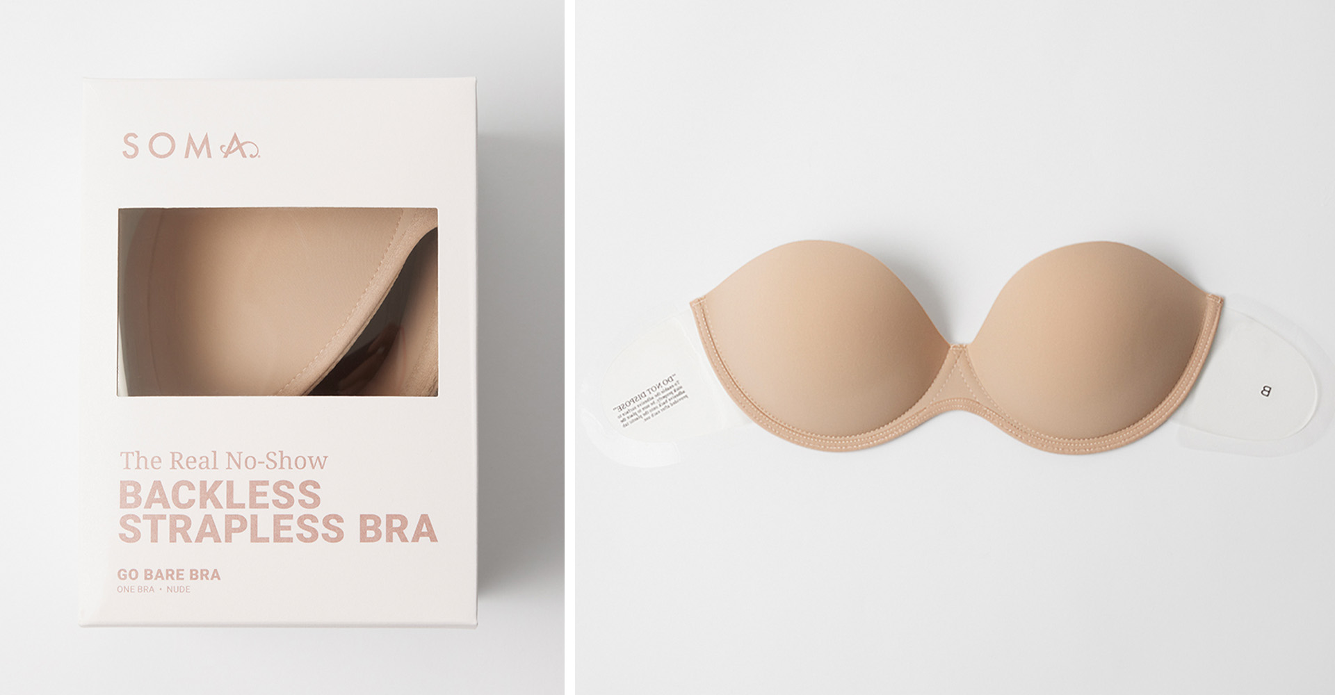 Soma<sup class=st-superscript>®</sup> packaging of a nude backless strapless bra. Laydown of nude adhesive backless strapless bra.