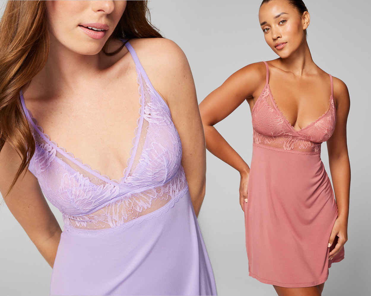 Soma<sup class=st-superscript>®</sup> model wearing purple sheer lace-trimmed chemise and different model wearing same chemise in dark pink.