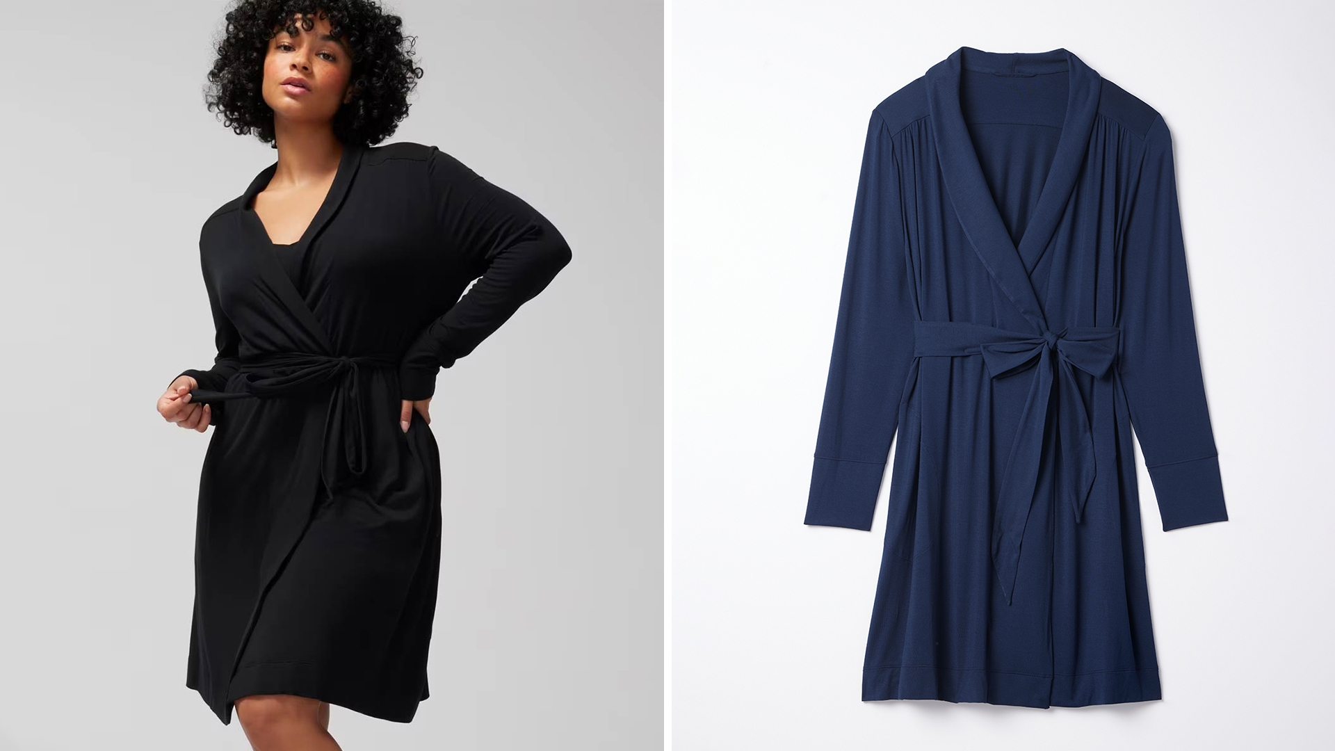 (Left) Soma<sup class=st-superscript>®</sup> women’s model wearing a short black long-sleeve robe. (Right) Soma<sup class=st-superscript>®</sup> laydown of a short navy long-sleeve robe.