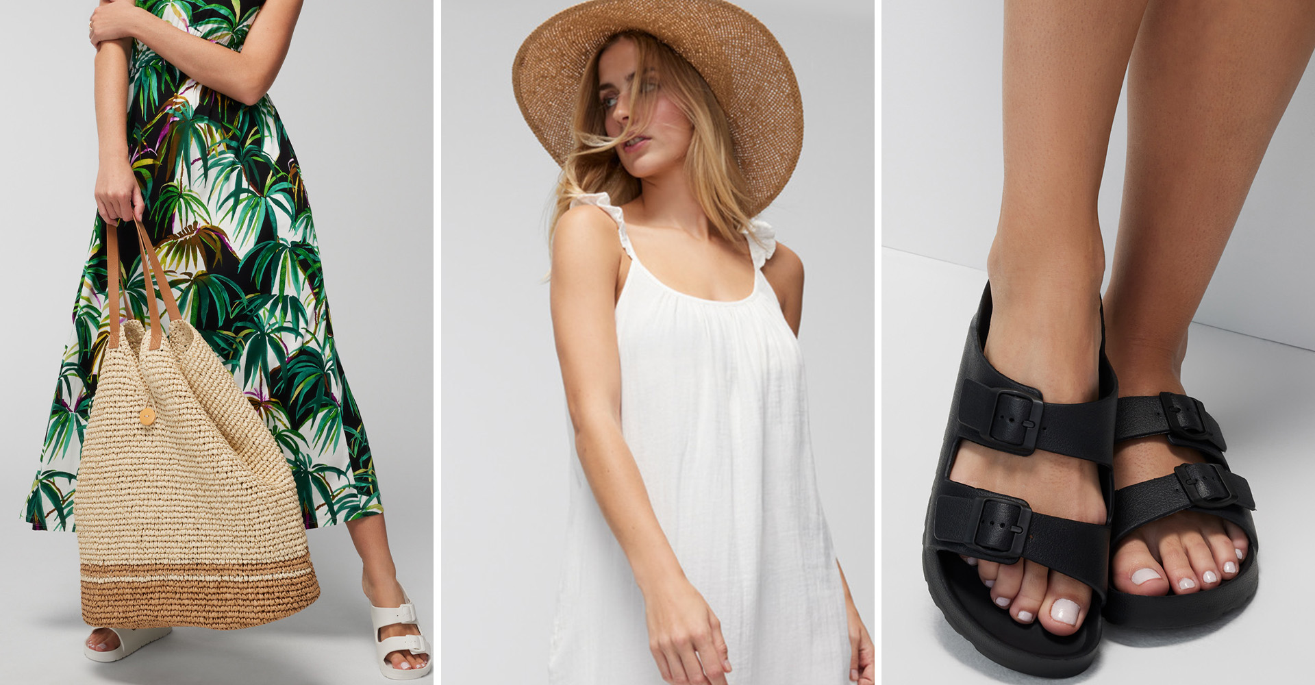 Soma<sup class=st-superscript>®</sup> models wearing green tropical dress, white sandals, and oversized beach bag. Model wearing white cover-up and wide-brim hat. Close-up of black slide sandals.