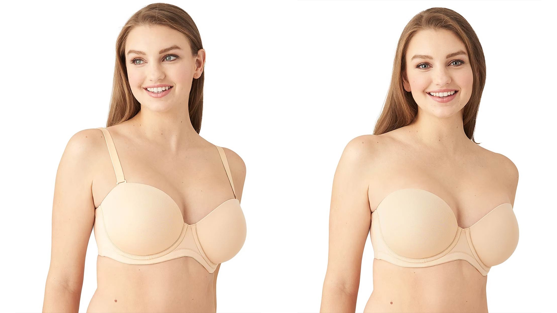 Soma<sup class=st-superscript>®</sup> women’s model wearing a nude strapless bra