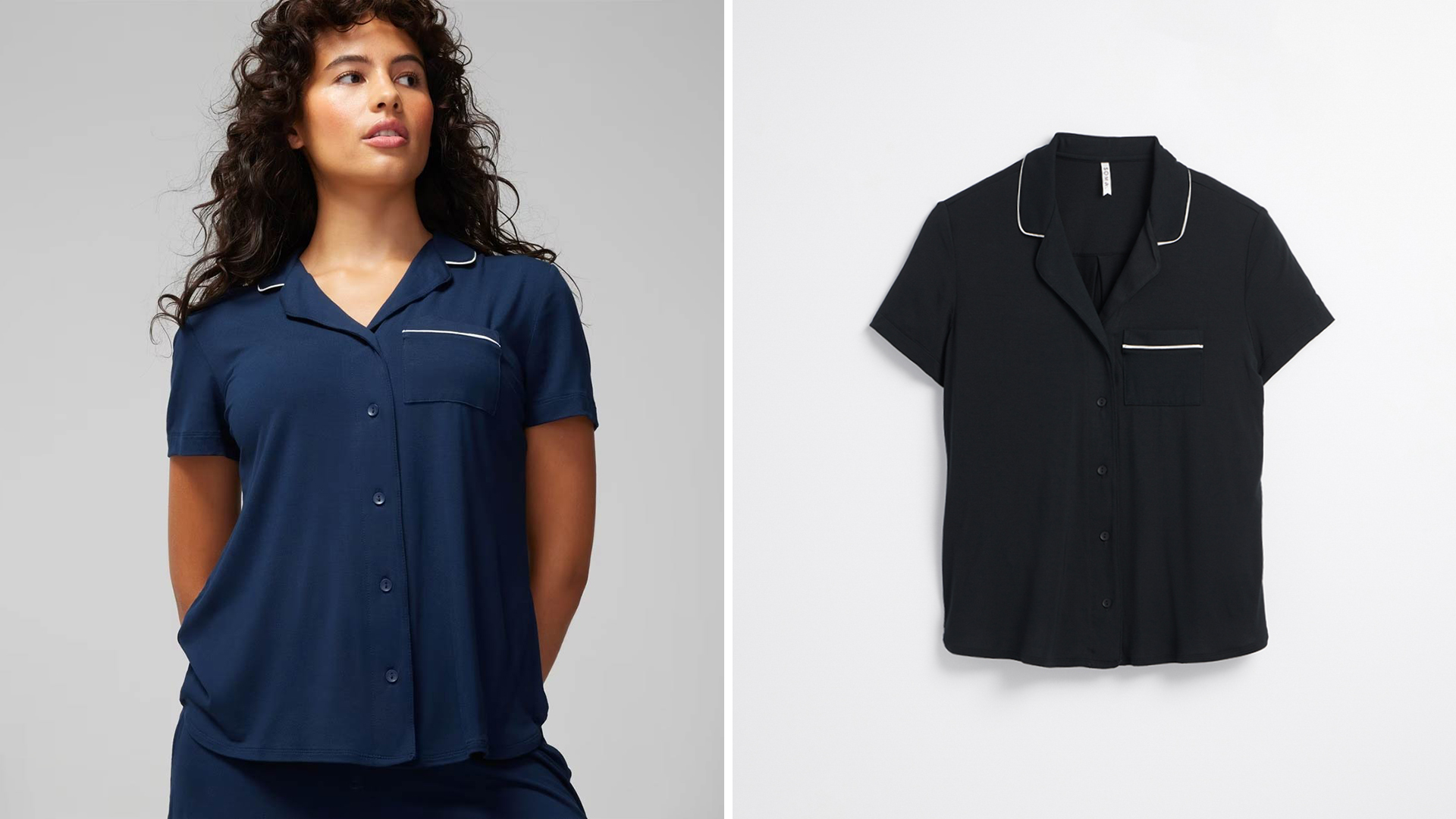 (Left) Soma<sup class=st-superscript>®</sup> women’s model wearing a navy blue short-sleeve notch collar pajama top. (Right) Soma<sup class=st-superscript>®</sup> laydown of a black short-sleeve notch collar pajama top