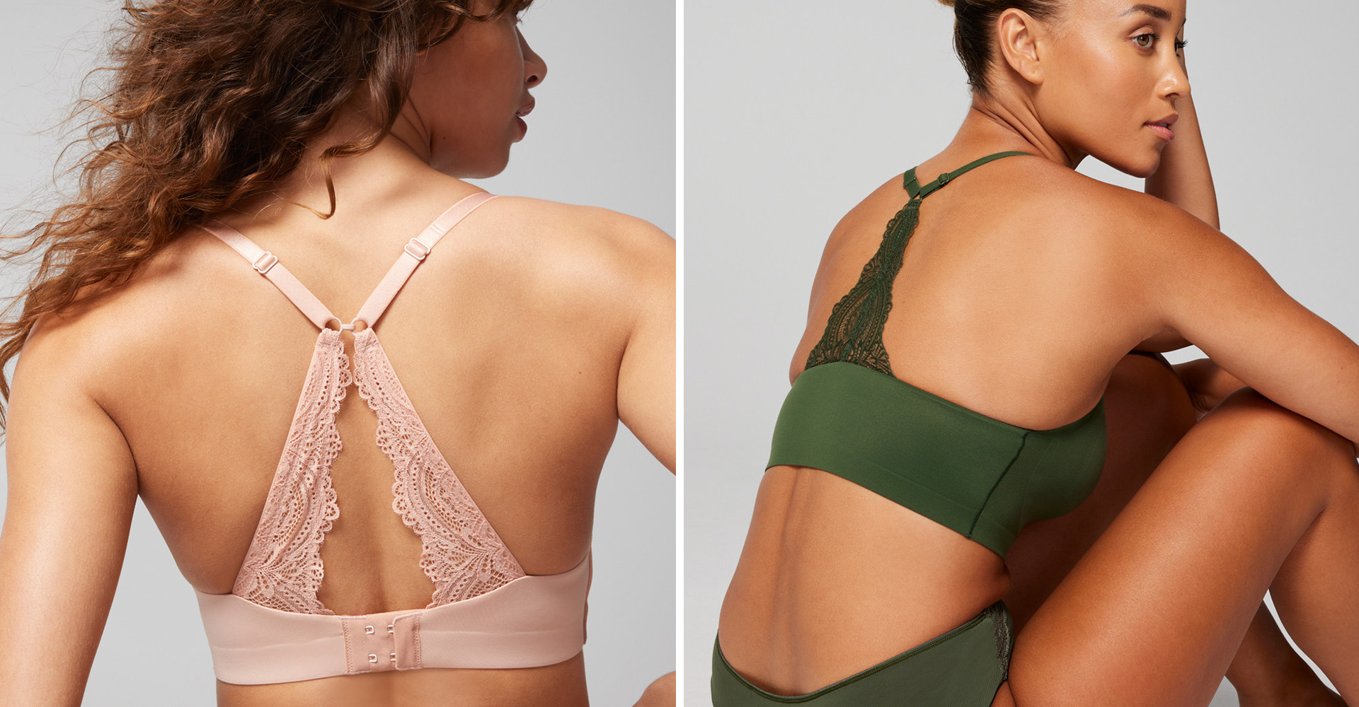 Back view of Soma<sup class=st-superscript>®</sup> models wearing pink lace racerback bra and dark green lace racerback bra.