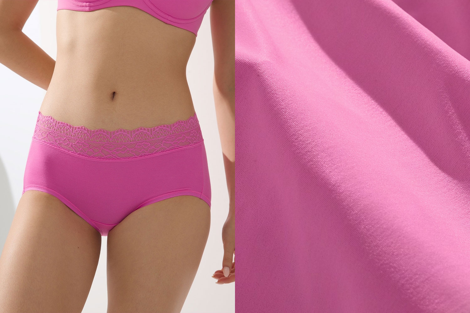 Soma women's model wearing a pink bra and pink panties with recycled nylon lace trim next to a close-up image of the fabric.