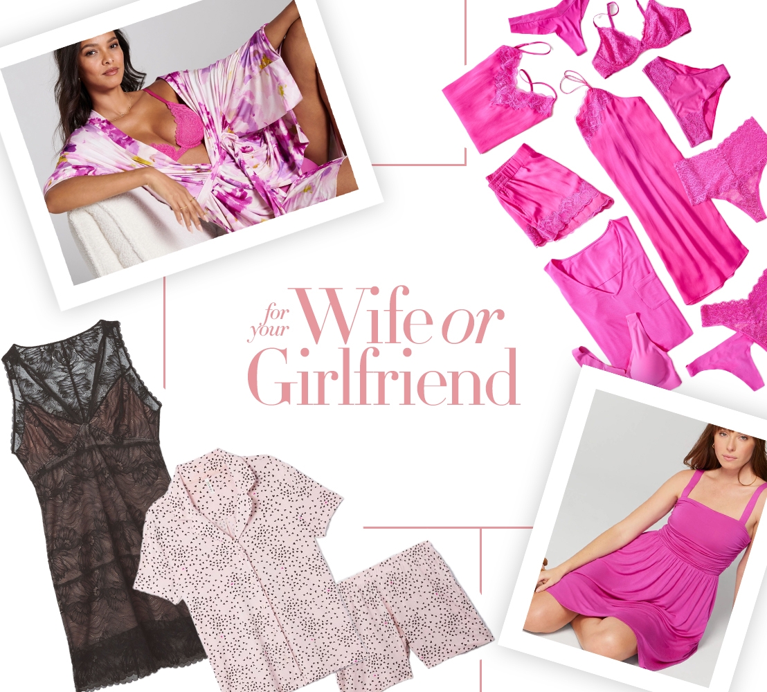 Collage of Valentine’s Day gift ideas for wife including Soma<sup class=st-superscript>®</sup> models and laydowns of pink sleepwear, underwear, bras, chemise, matching PJs, and bra dress.