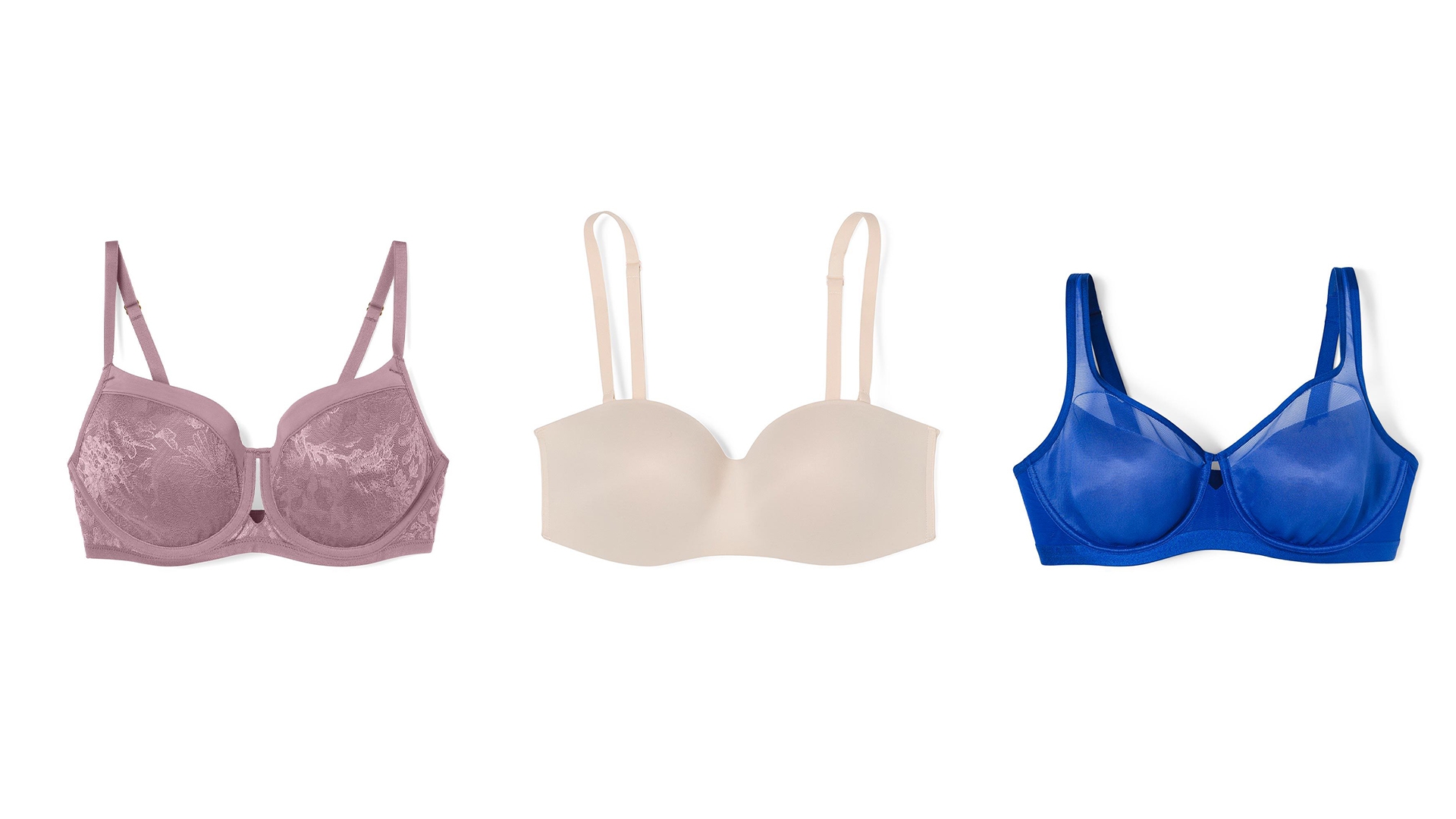 Soma<sup class=st-superscript>®</sup> women’s bras including a dusty rose lace bra, nude wireless multi-way bra, and blue unlined balconette bra.