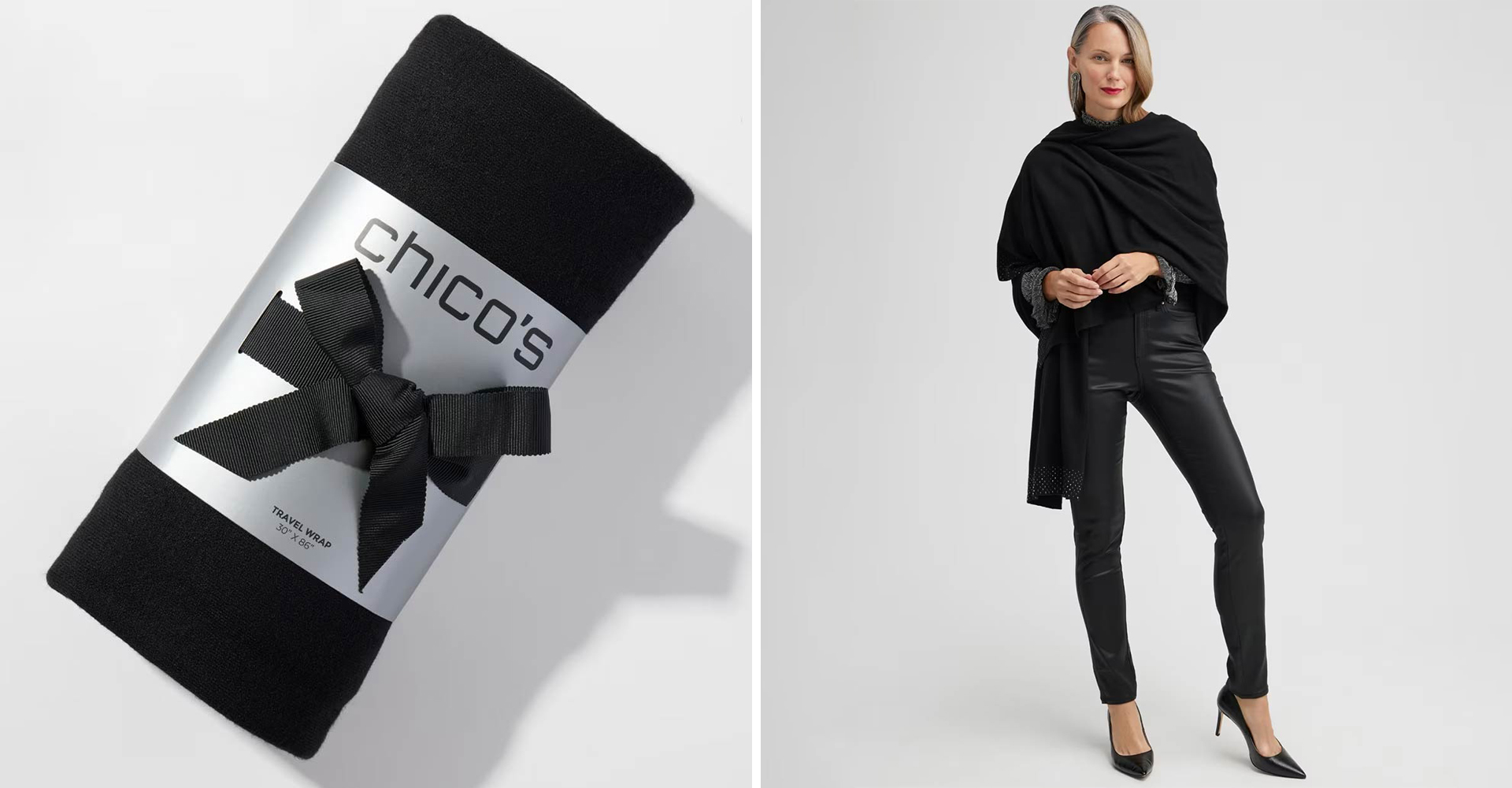  Chico’s laydown of rolled-up packaged black cashmere sweater wrap next to model wearing wrap, black pants, and heels.