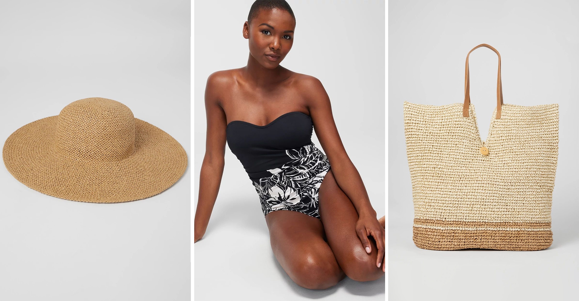Soma<sup class=st-superscript>®</sup> tan large-brimmed floppy hat, model wearing a black and white floral one-piece swimsuit, and tan oversized beach bag.