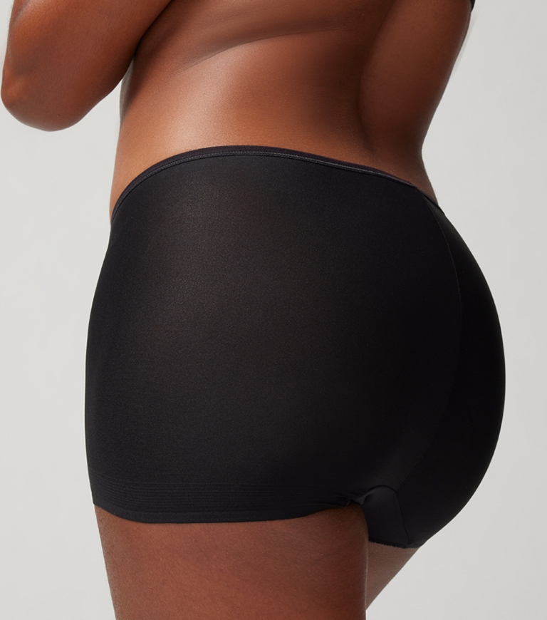 Soma<sup class=st-superscript>®</sup> women’s model wearing black boyshort panties.