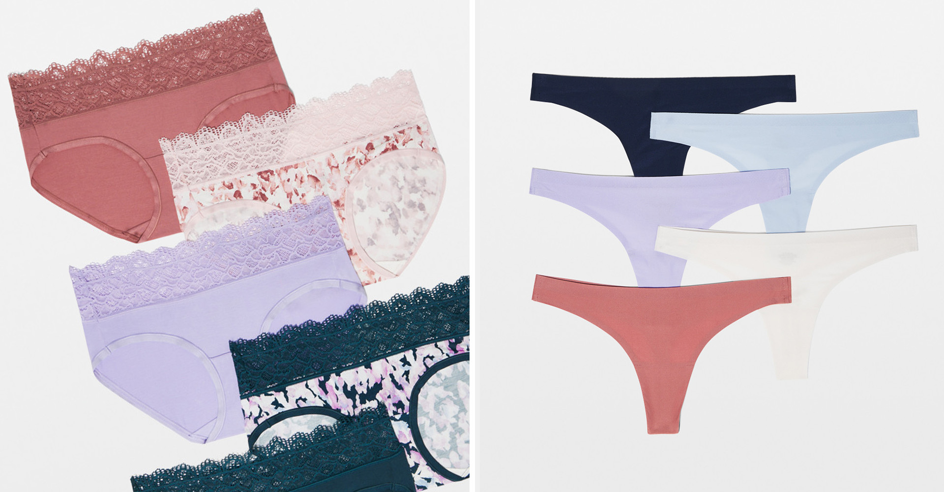 Soma<sup class=st-superscript>®</sup> laydown of lace-trim brief panties in a variety of colors and prints. Soma<sup class=st-superscript>®</sup> laydown of thongs in a variety of solid colors.