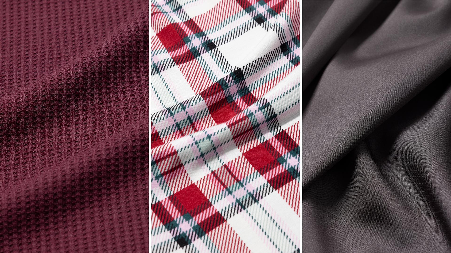 Three close-up shots of burgundy waffle, red and white plaid, and black silk fabrics.