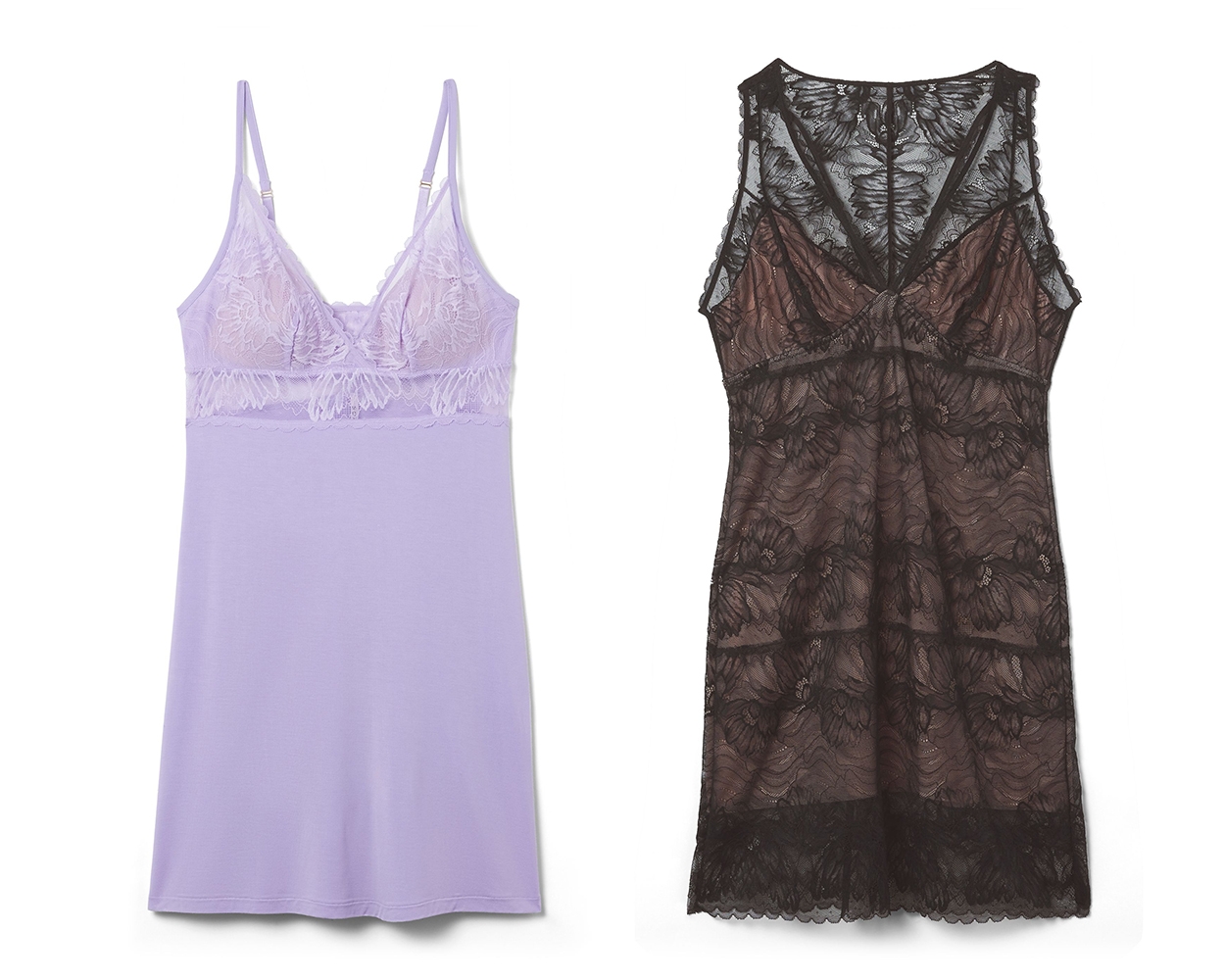 Soma<sup class=st-superscript>®</sup> laydown of light purple lace-bodice chemise and all-over lace black chemise with nude lining.