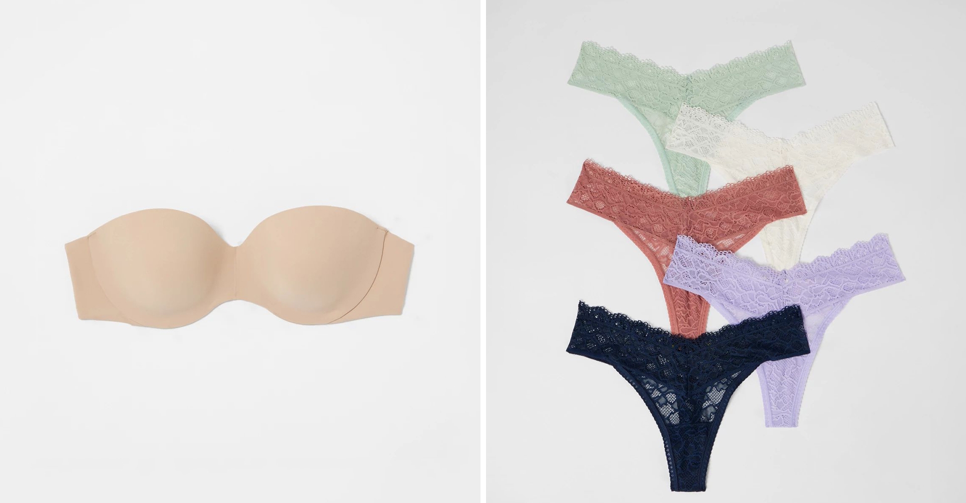 Soma<sup class=st-superscript>®</sup> laydown of nude strapless bra and laydown of lace panties in mint, ivory, dark pink, lavender, and navy.
