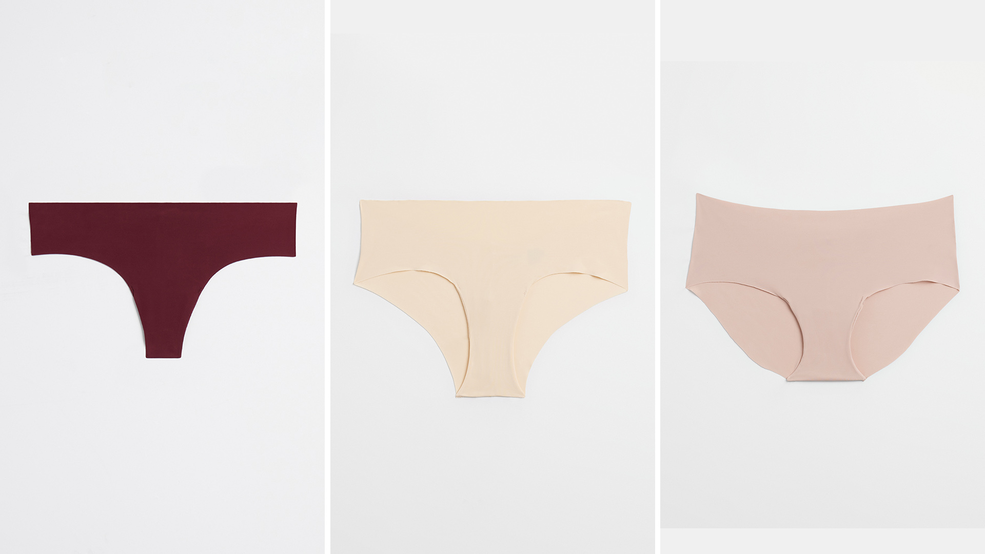 Soma<sup class=st-superscript>®</sup> laydown grid of seamless panties in thong, hipster, and brief silhouettes in a range of nude and neutral shades.