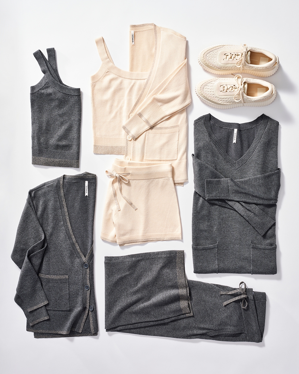 Soma<sup class=st-superscript>®</sup> laydown of soft loungewear styles in dark grey and off-white colors.