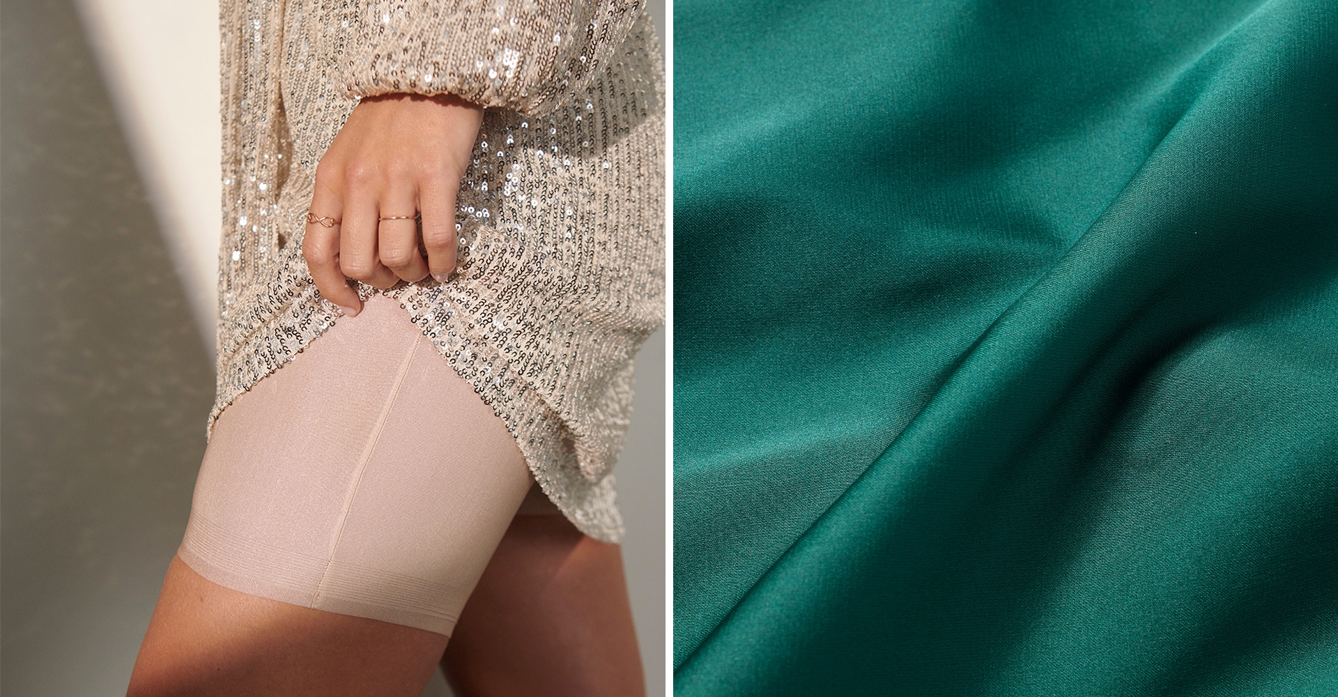 Soma<sup class=st-superscript>®</sup> model wearing thigh shapewear and silver sequin dress. Close-up of dark green satin fabric.