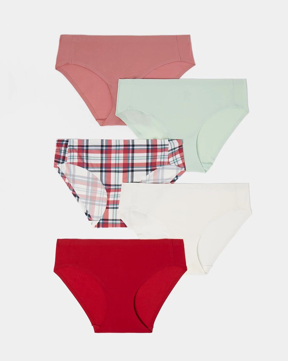 Soma<sup class=st-superscript>®</sup> laydown of cascading solid pink, light green, white, red, and red plaid panties.