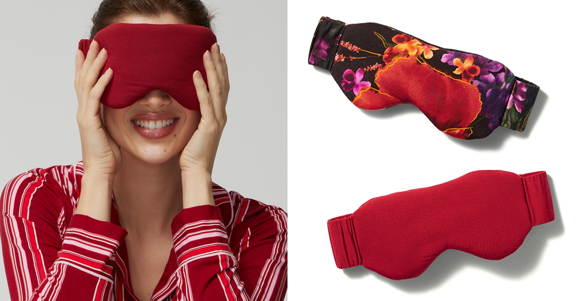(Left) Soma<sup class=st-superscript>®</sup> model wearing red striped pajamas and a red sleep mask. (Right) Laydown of black, orange, red, and purple floral sleep mask and red sleep mask.
