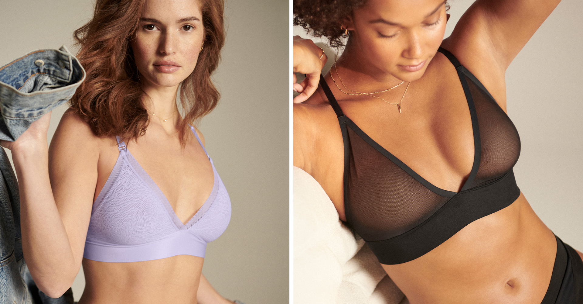 Soma<sup class=st-superscript>®</sup> models wearing a purple lace plunge bra and black sheer plunge bra.