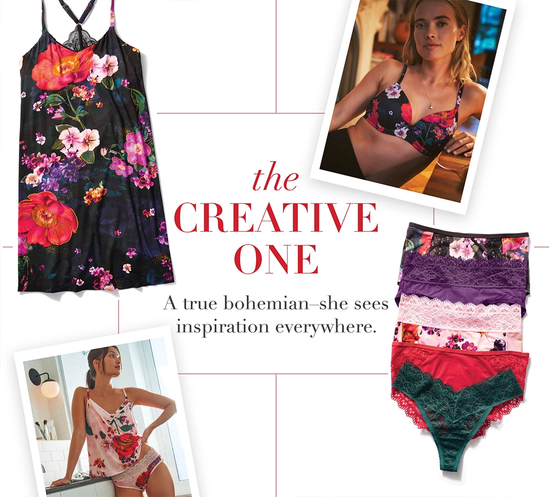 Gift guide collage featuring model wearing pink floral panties and matching cami, model wearing black floral bra, laydown of panties and chemise.