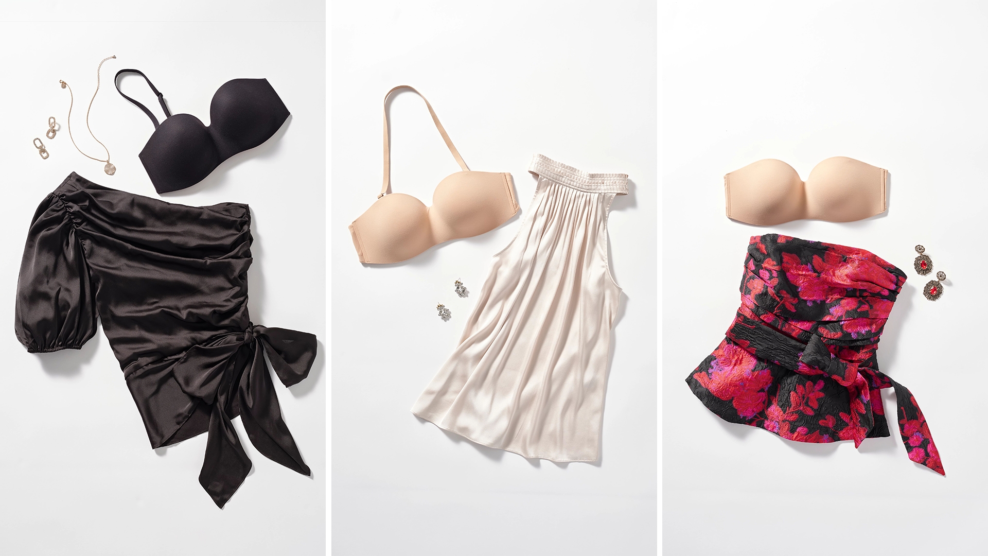 Laydown of black mutli-way bra, black one-shoulder top, nude strapless bra, red floral strapless blouse, nude halter bra, and off-white halter blouse.