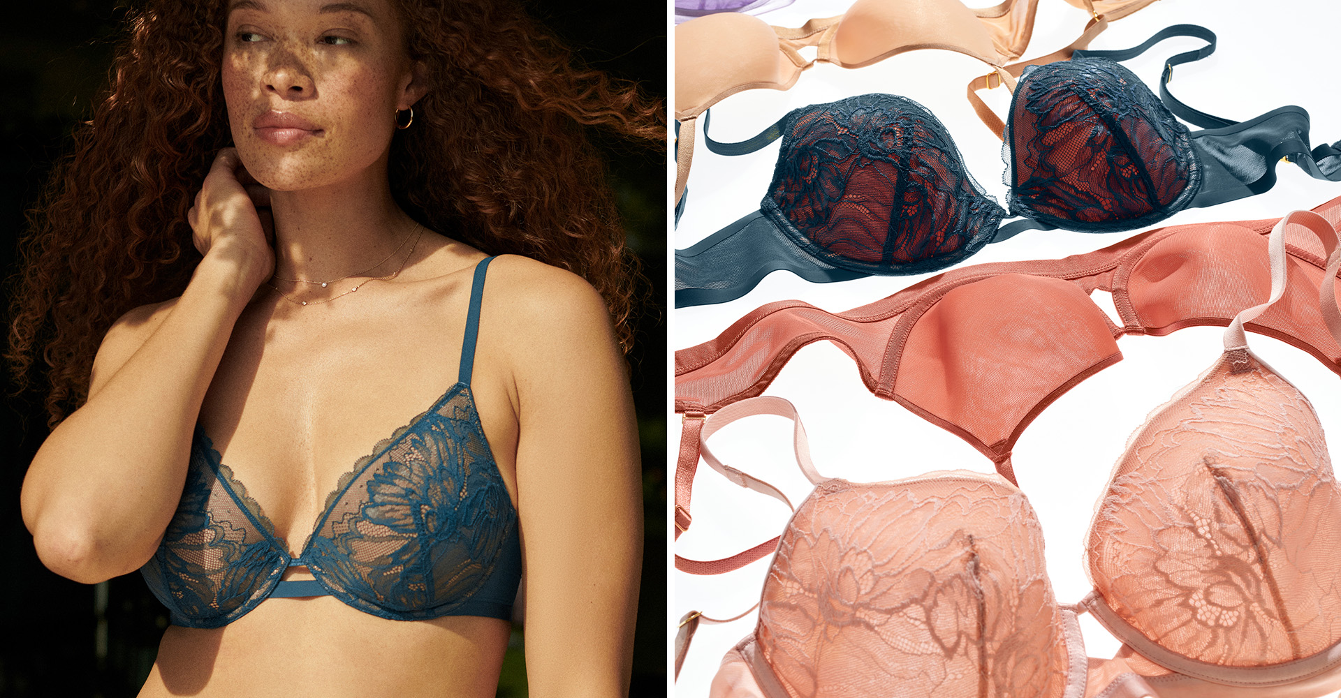 Soma<sup class=st-superscript>®</sup> model wearing dark blue lace bra. Laydown of lace and mesh bras in nude, dark blue, dark pink, and light pink.