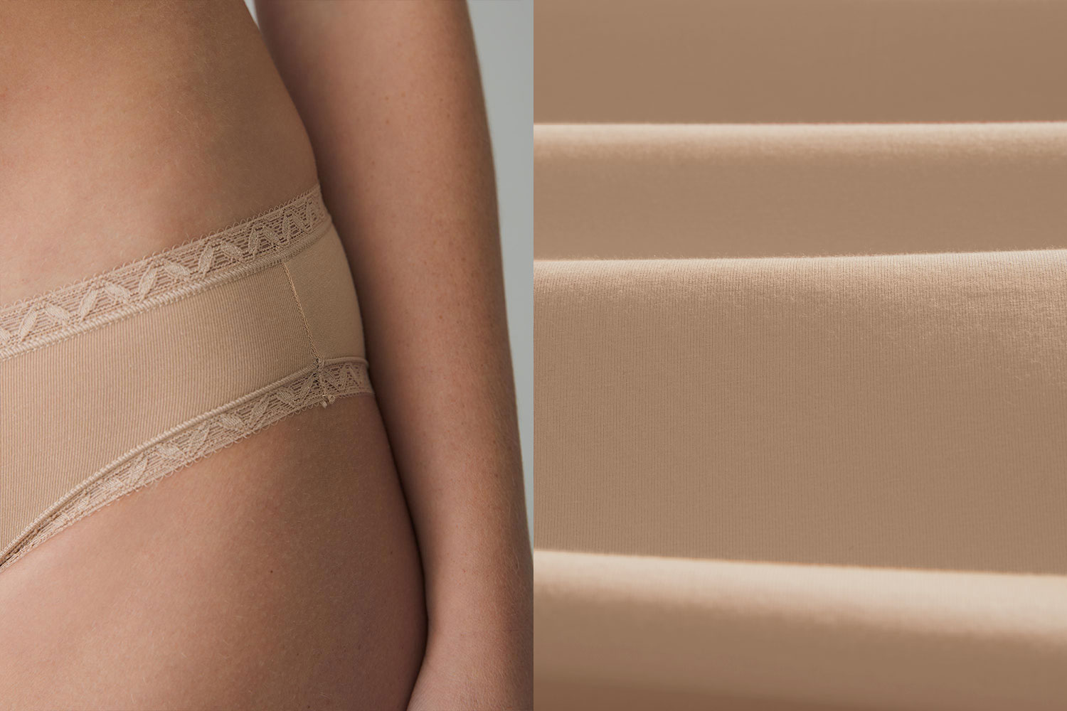 Close-up image of a Soma women's model wearing beige modal underwear next to a close-up image of the modal fabric.