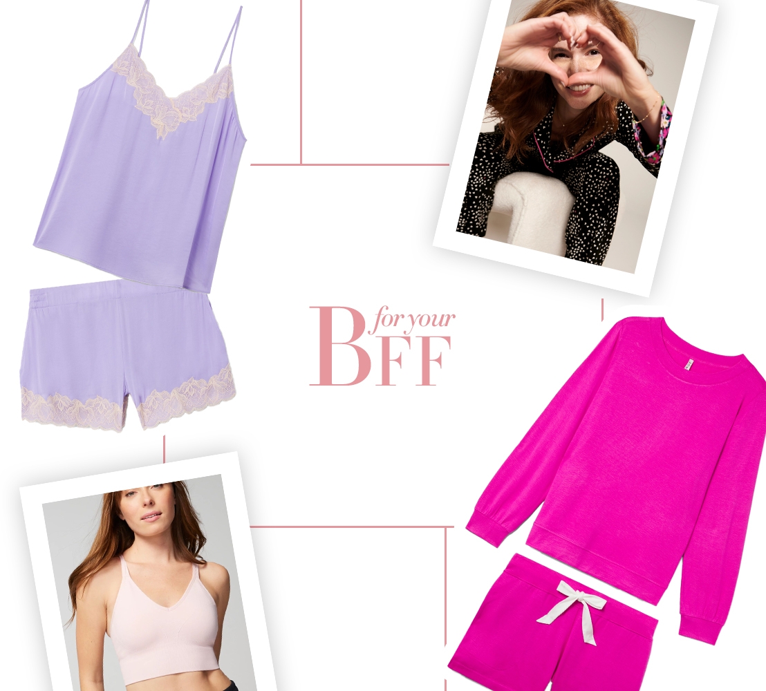 Collage of Valentine’s Day gift ideas for friend including Soma<sup class=st-superscript>®</sup> models and laydowns of pink lounge set, matching pajamas, lace chemise and shorts, and light pink sports bra.