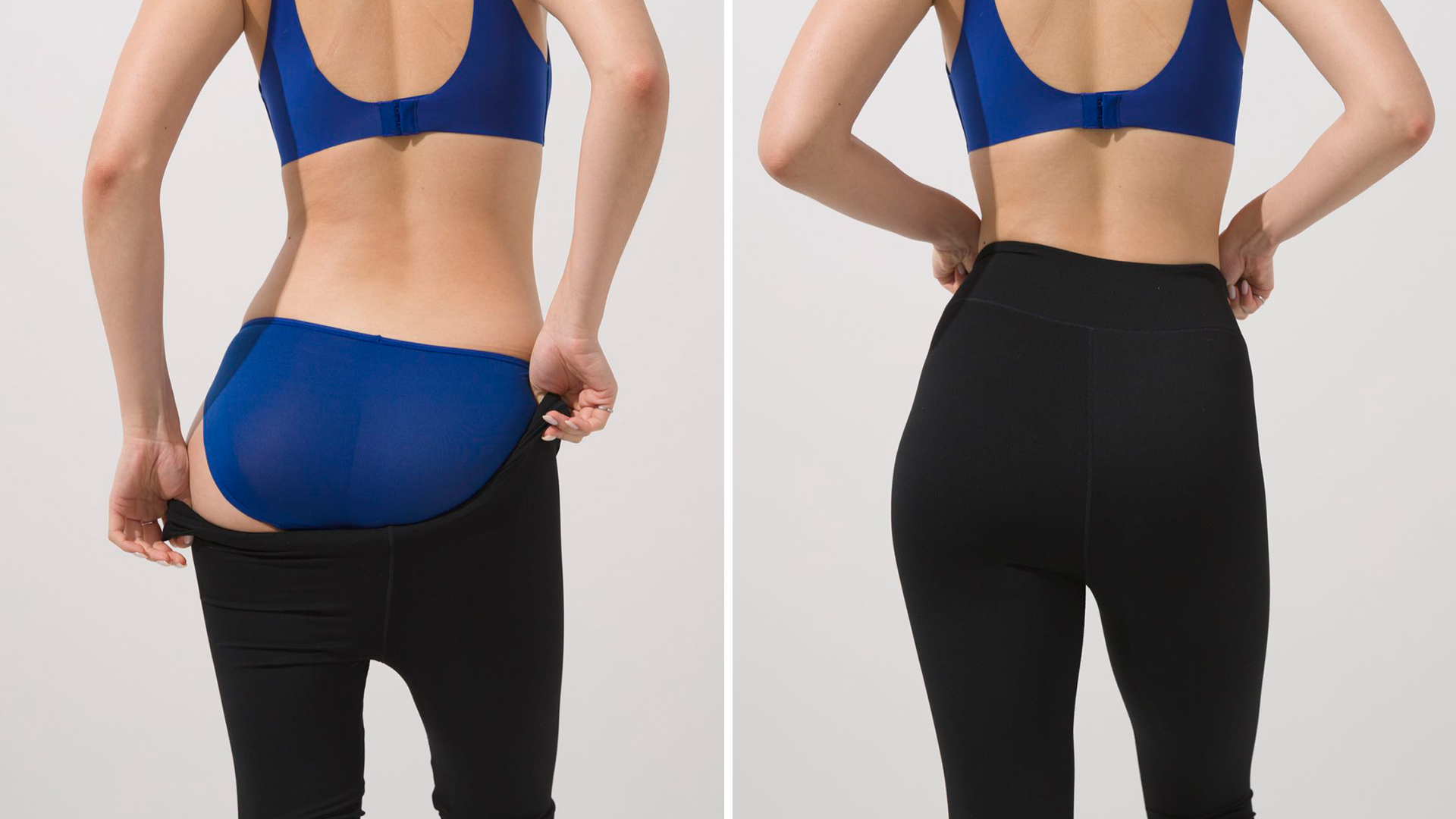 A before and after of a Soma<sup class=st-superscript>®</sup> women’s model wearing a blue bra and matching panties while pulling up leggings for a no-show finish.