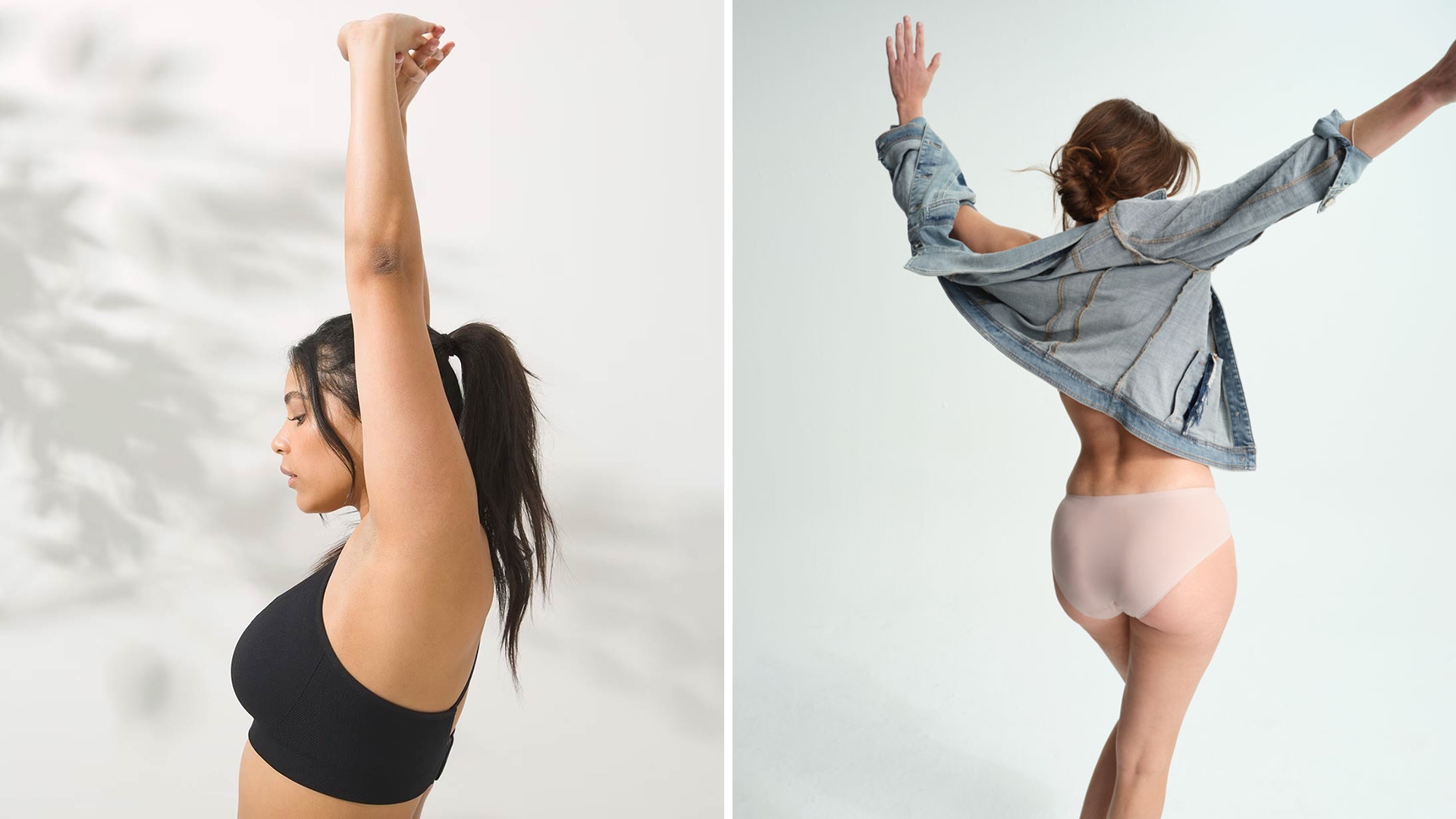 (Left) Soma<sup class=st-superscript>®</sup> model wearing a black sports bra. (Right) Soma<sup class=st-superscript>®</sup> model wearing a denim jacket and nude panties.