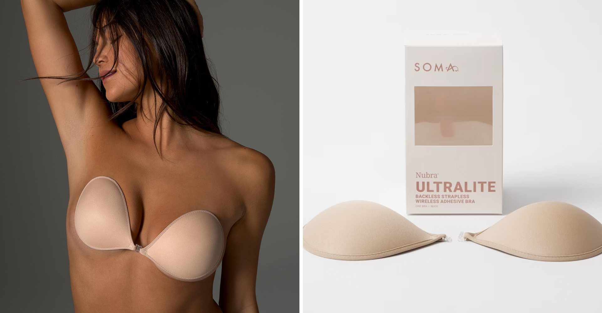 Soma<sup class=st-superscript>®</sup> model in a nude adhesive backless bra. Laydown of nude adhesive backless bra.