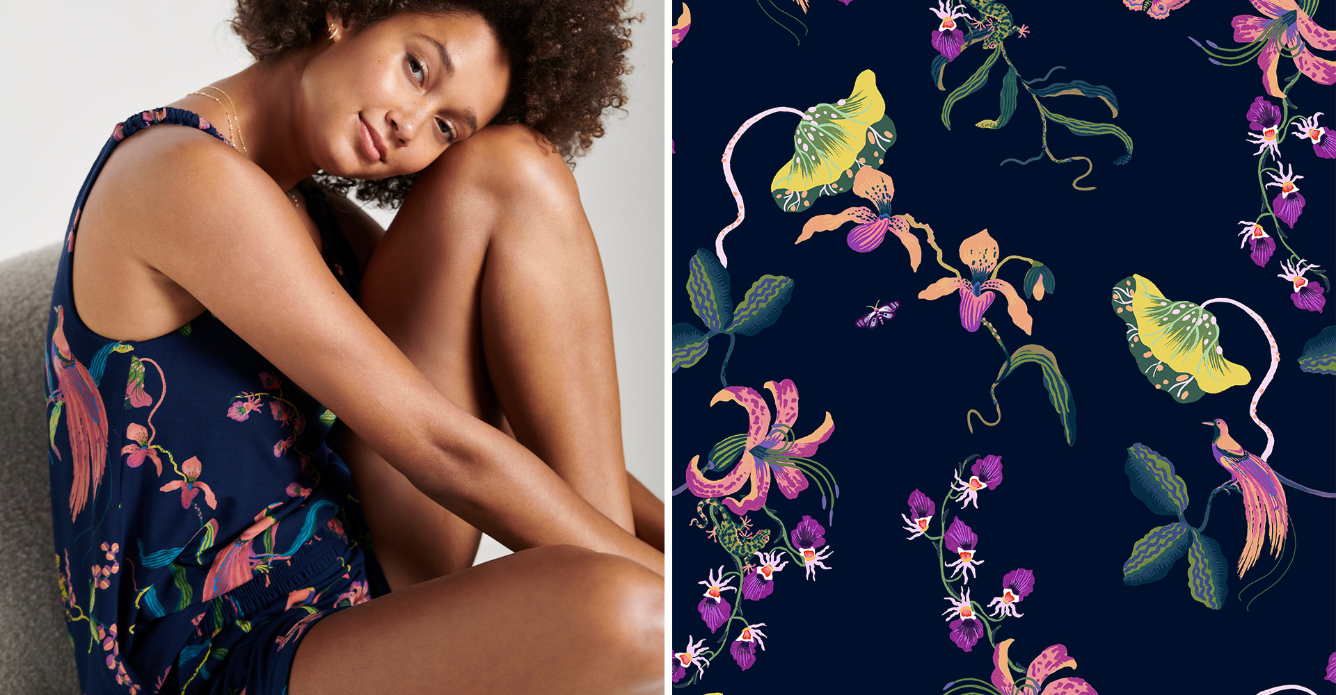 Soma<sup class=st-superscript>®</sup> model wearing a navy pajama tank and shorts in a colorful, tropical print next to a close-up swatch of the print.