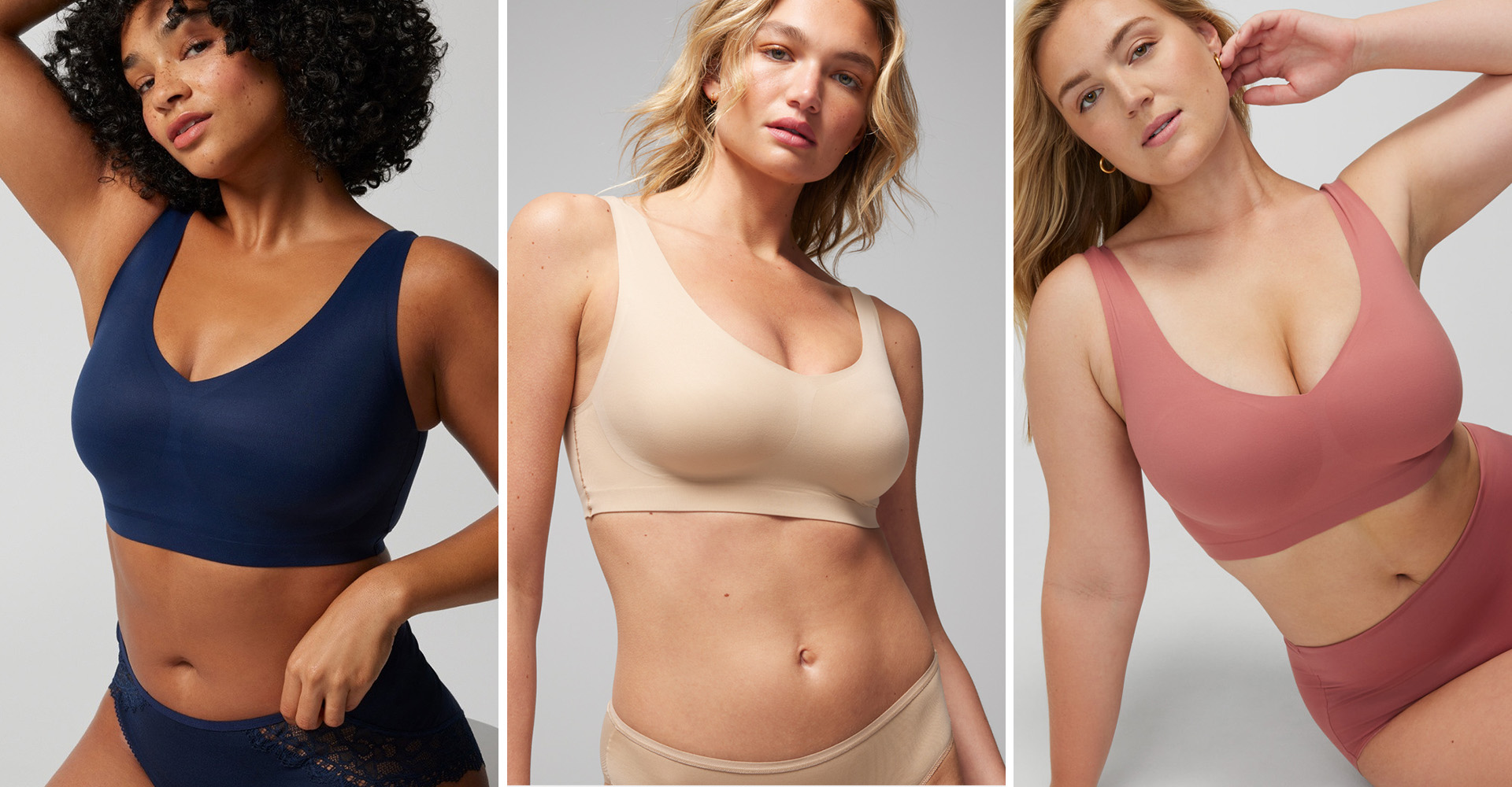 Soma<sup class=st-superscript>®</sup> models wearing soft wireless bralettes in dark blue, nude, and dark pink.