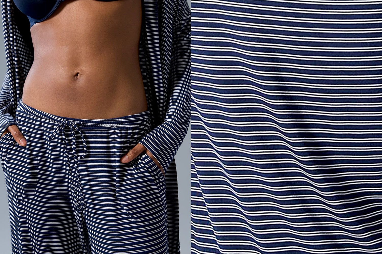 Soma women's model wearing striped rayon pajama pants next to a close-up image of the rayon clothing fabric type.