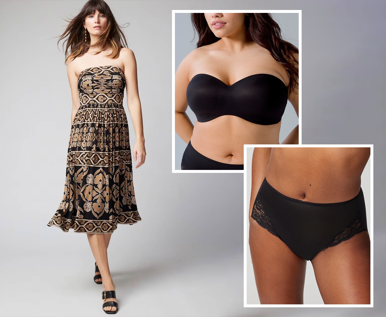 White House Black Market<sup class=st-superscript>®</sup> women’s model wearing a brown printed strapless dress and black heels. Featuring Soma<sup class=st-superscript>®</sup> black strapless bra and briefs.