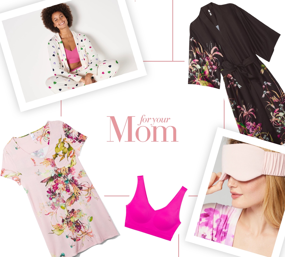 Collage of Valentine’s Day gift ideas for mom including Soma<sup class=st-superscript>®</sup> models and laydowns of black satin robe, pink floral sleep shirt, pink bralette, and light pink eye mask.