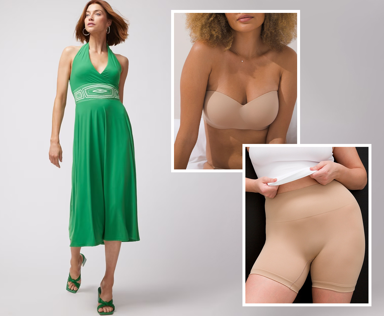 White House Black Market<sup class=st-superscript>®</sup> women’s model wearing a green halter dress and heels. Featuring Soma<sup class=st-superscript>®</sup> nude strapless bra and panties.