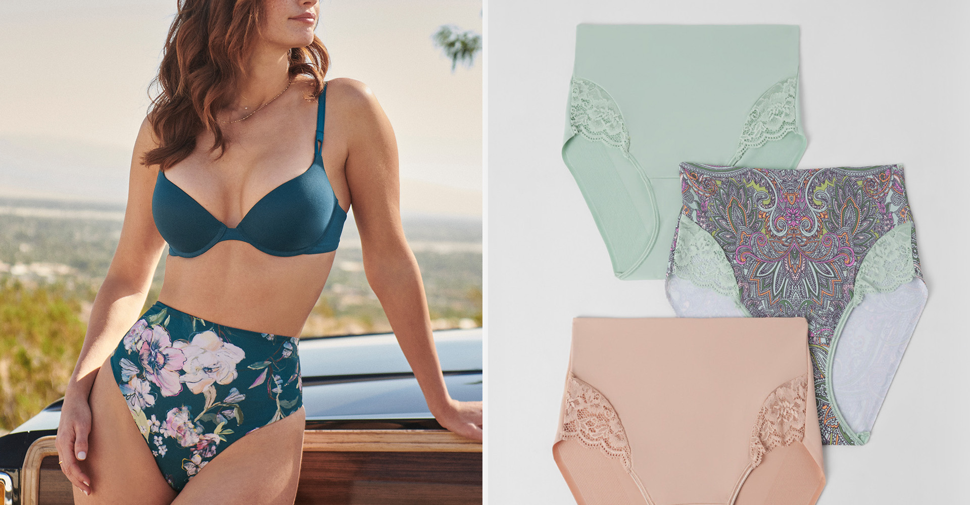 Soma<sup class=st-superscript>®</sup> model wearing a navy bra and navy floral high-rise panties. Laydown of high-rise panties in light green, multi-colored paisley, and light pink.