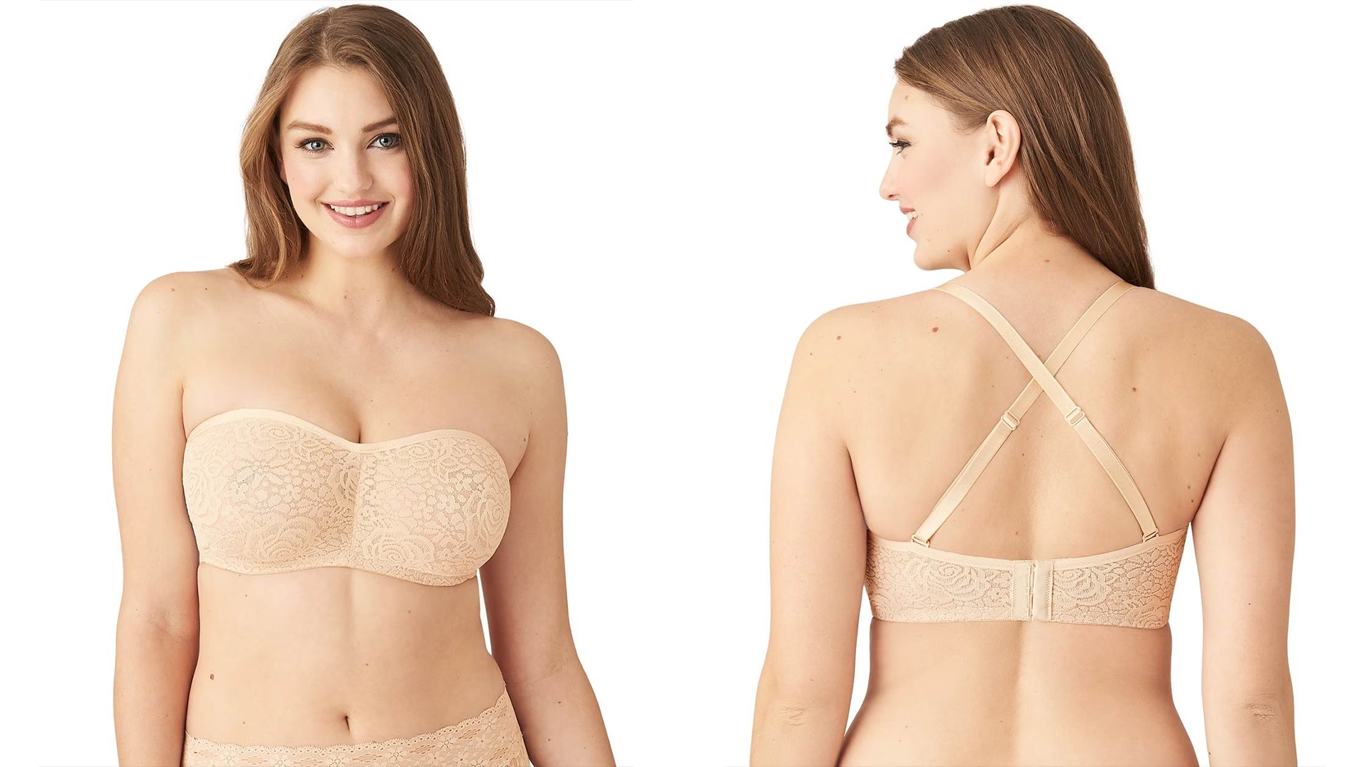 Soma<sup class=st-superscript>®</sup> women’s model wearing a nude strapless bra. 