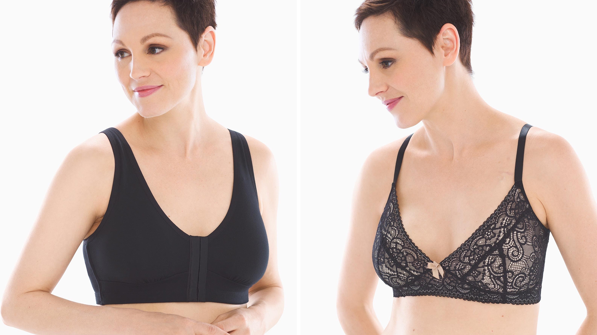 Soma<sup class=st-superscript>®</sup> women’s model wearing a black post-surgical bra and a black, lace post-surgical bra.