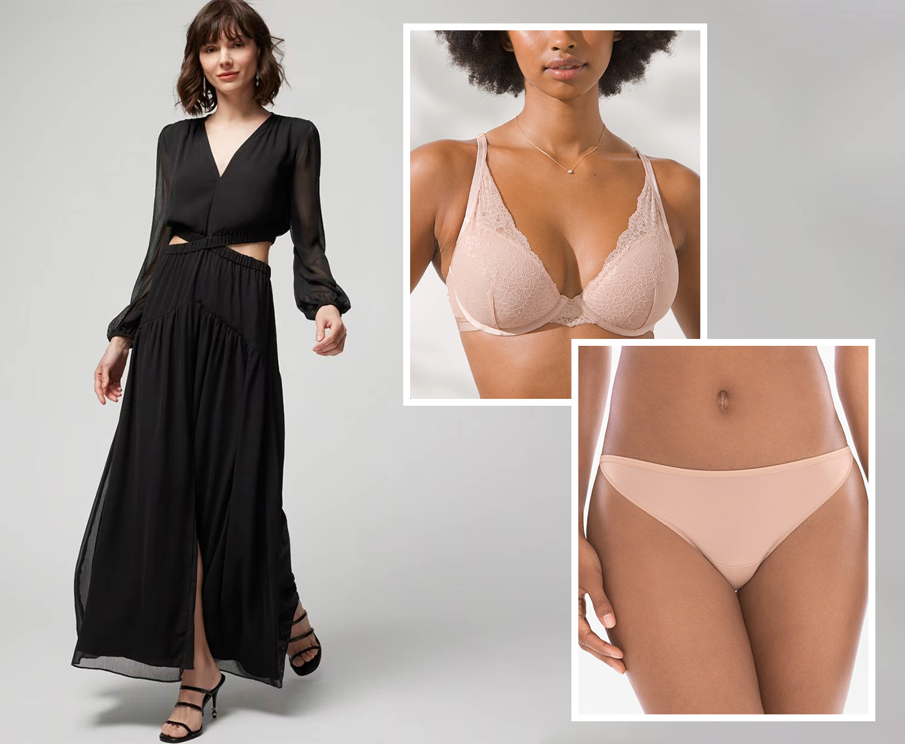 WHBM<sup class=st-superscript>®</sup> women’s model wearing a black maxi dress and heels. Featuring Soma<sup class=st-superscript>®</sup> pink plunge bra and panties.