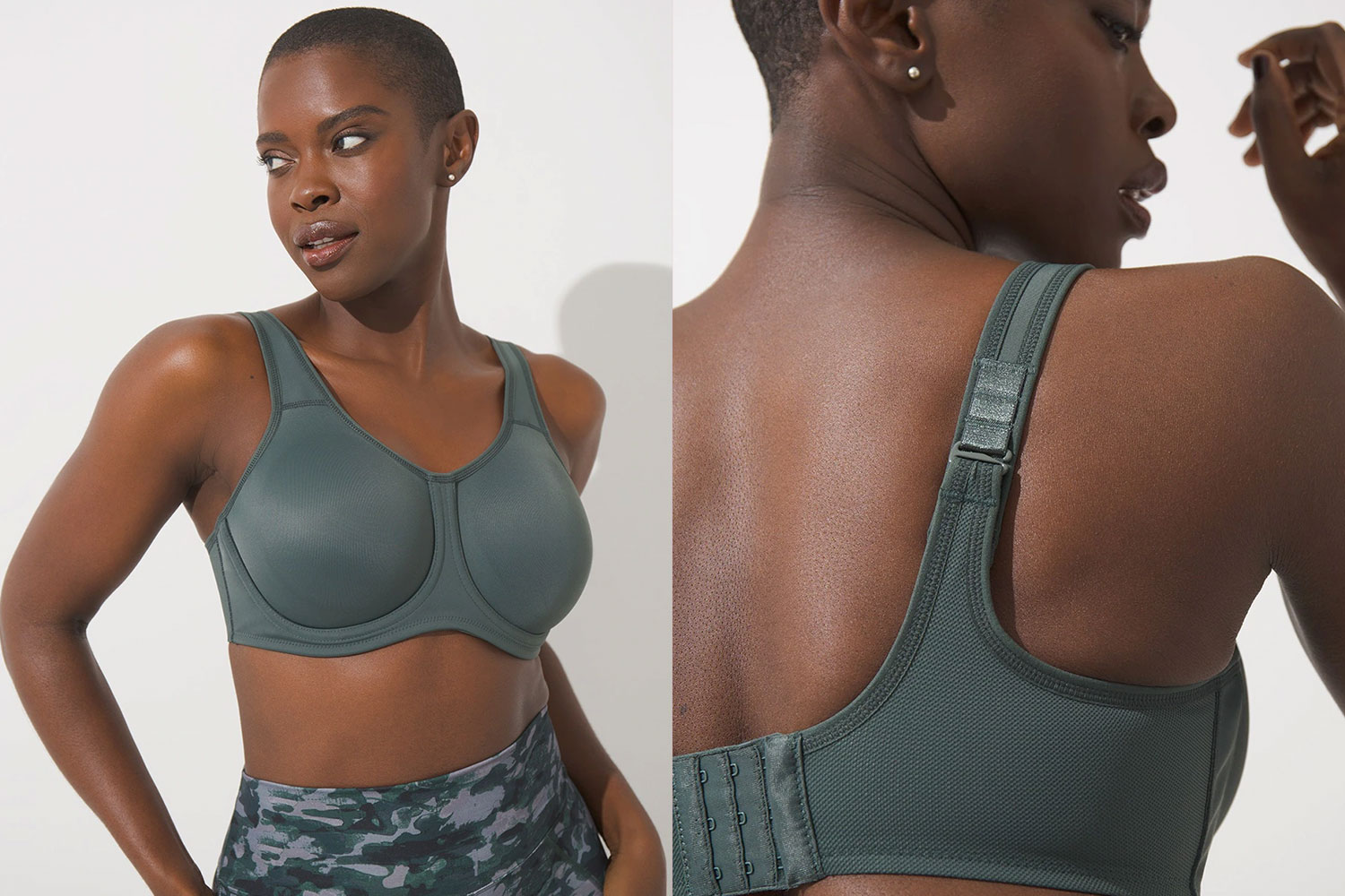 Soma<sup class=st-superscript>®</sup> women’s model showing the front and back of a grey high-impact underwire sports bra.