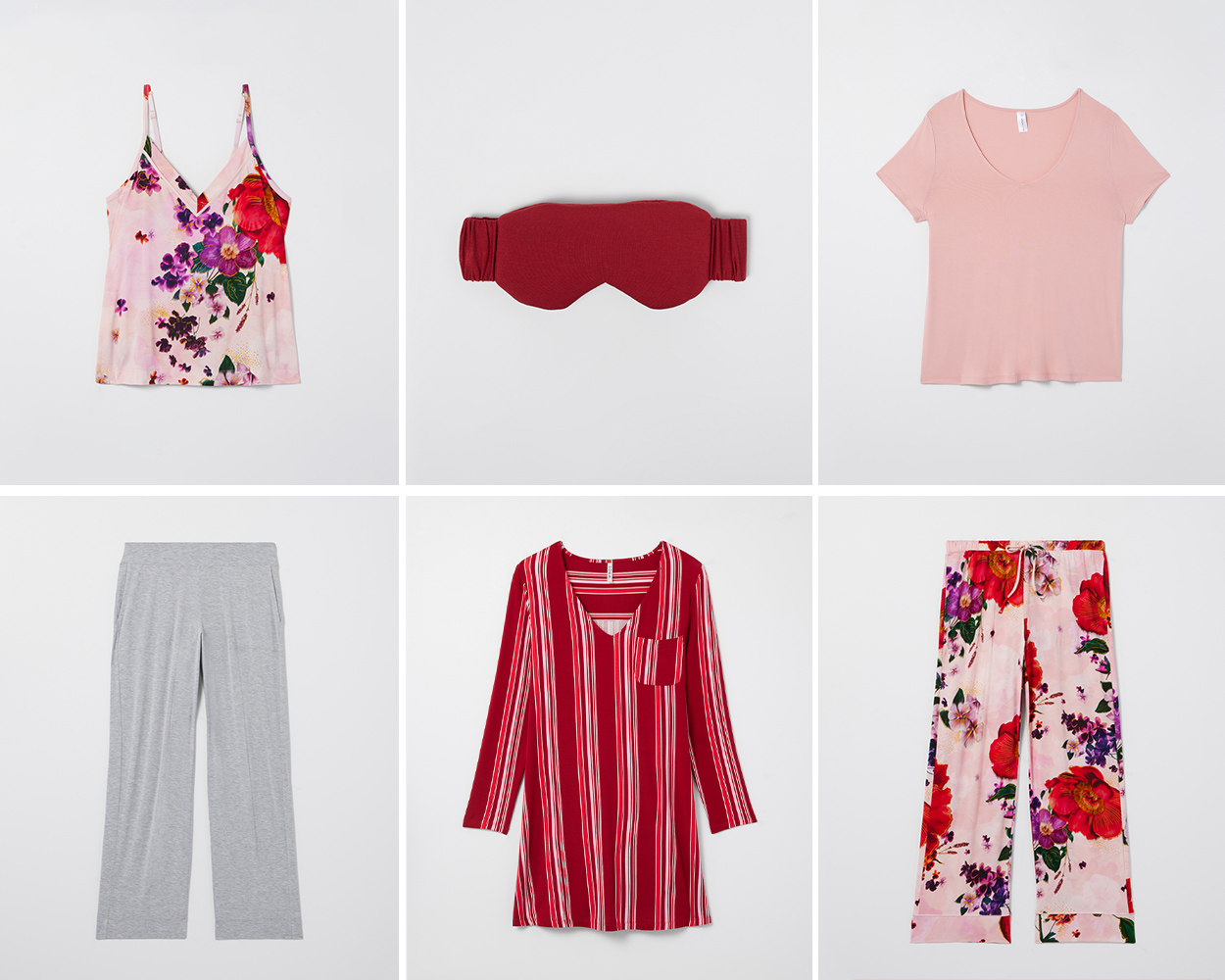 Grid of laydown images of pink floral cami, red sleep mask, pink T-shirt, grey shorts, red striped sleep shirt, and pink floral pajama pants.